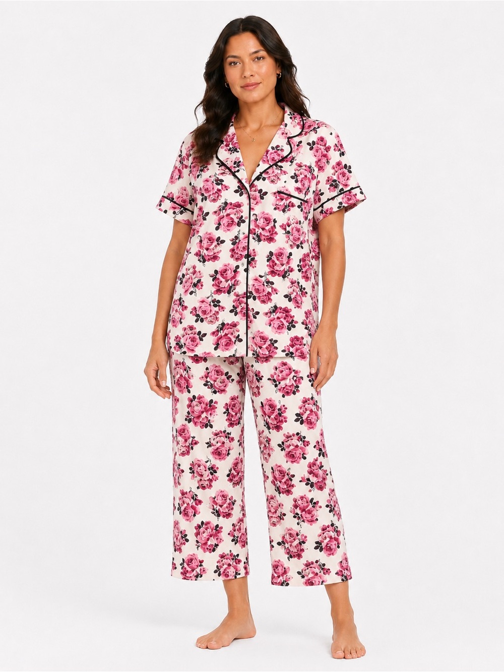 Kate Spade Pink Rose Floral Pajama Set Black Trim XL - Picture 1 of 11